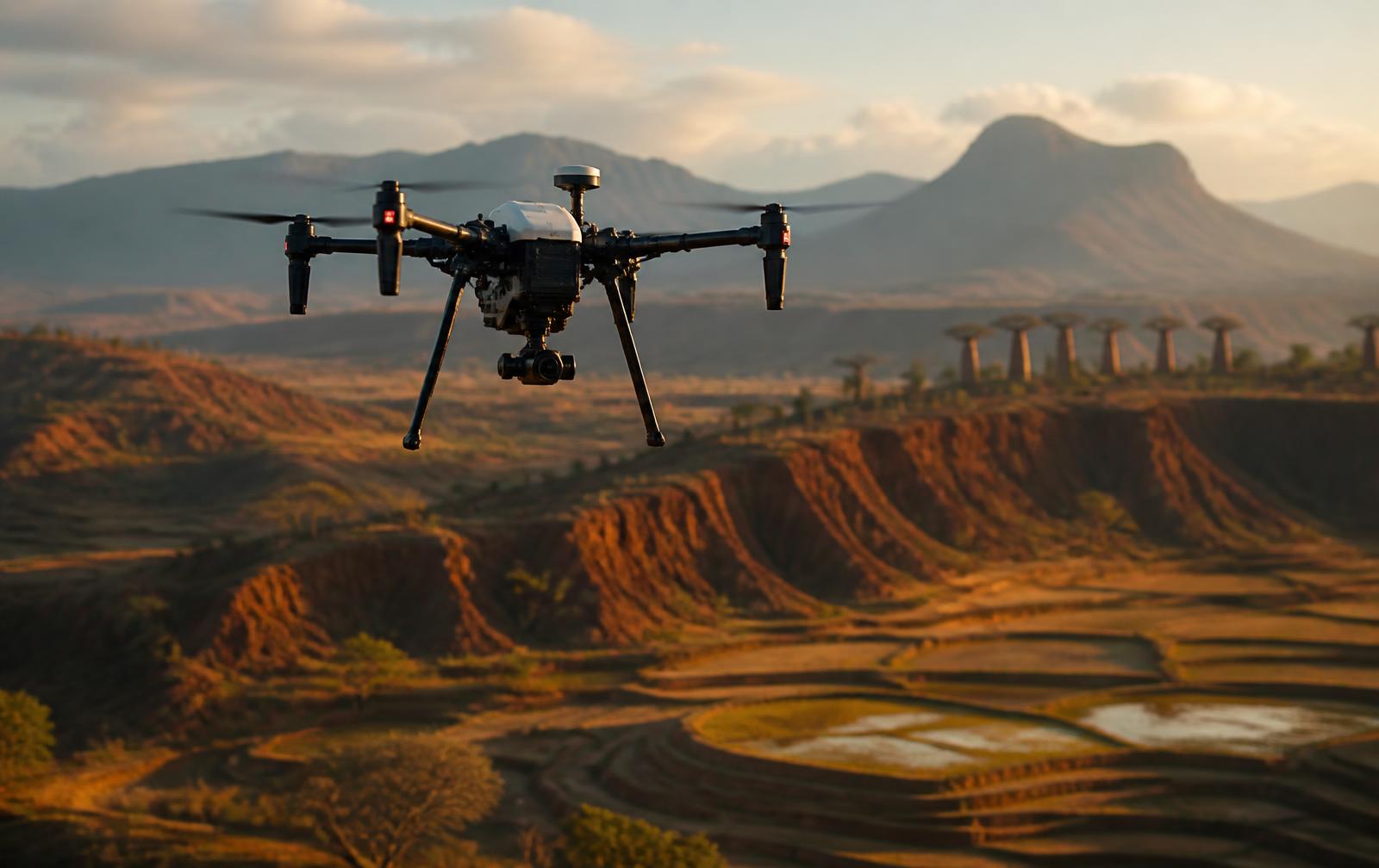 Drone professionnel en vol au-dessus des hautes terres de Madagascar